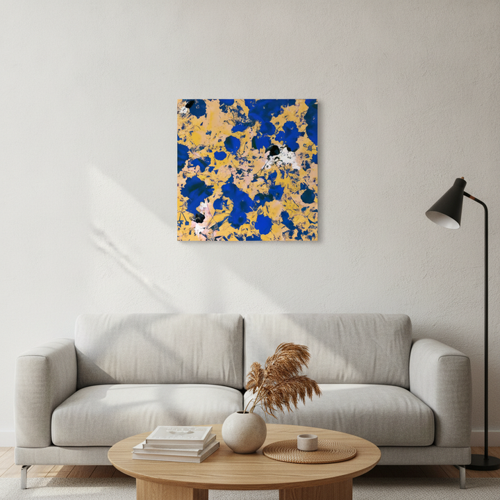 Stretched canvas wall art styled in a neutral living room