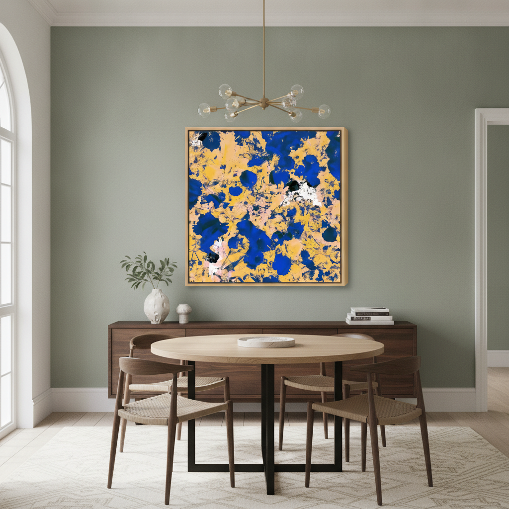 Oversized statement canvas wall art with a natural timber surround styled in a contemporary dining room