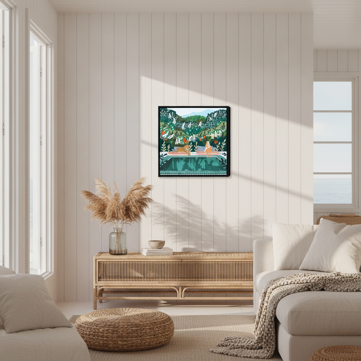 Canvas wall art with a black surround styled in a sunny coastal beach house