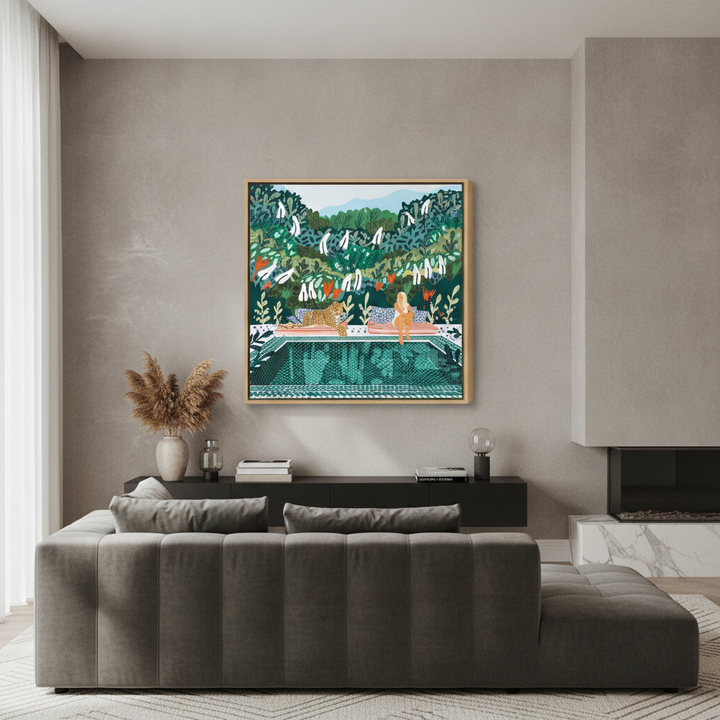 Oversized statement canvas wall art with a natural timber surround styled in a luxe interior