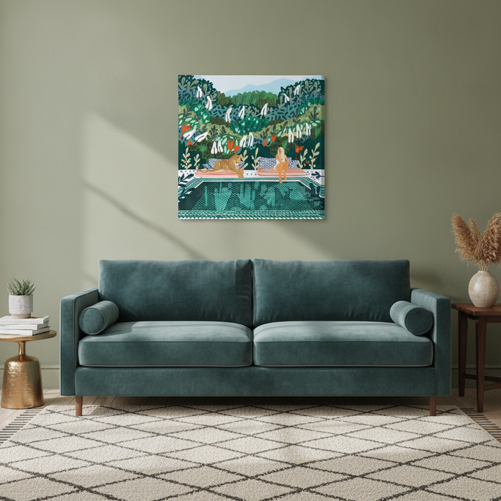 Stretched canvas wall art styled in a neutral living room