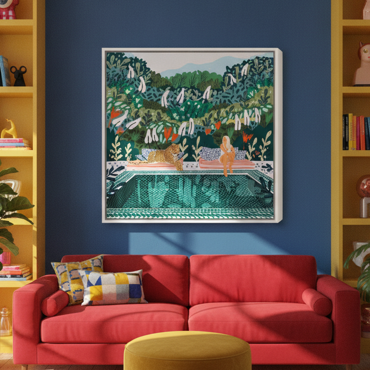 Oversized statement canvas wall art with a white surround styled in a colourful, eclectic modern home
