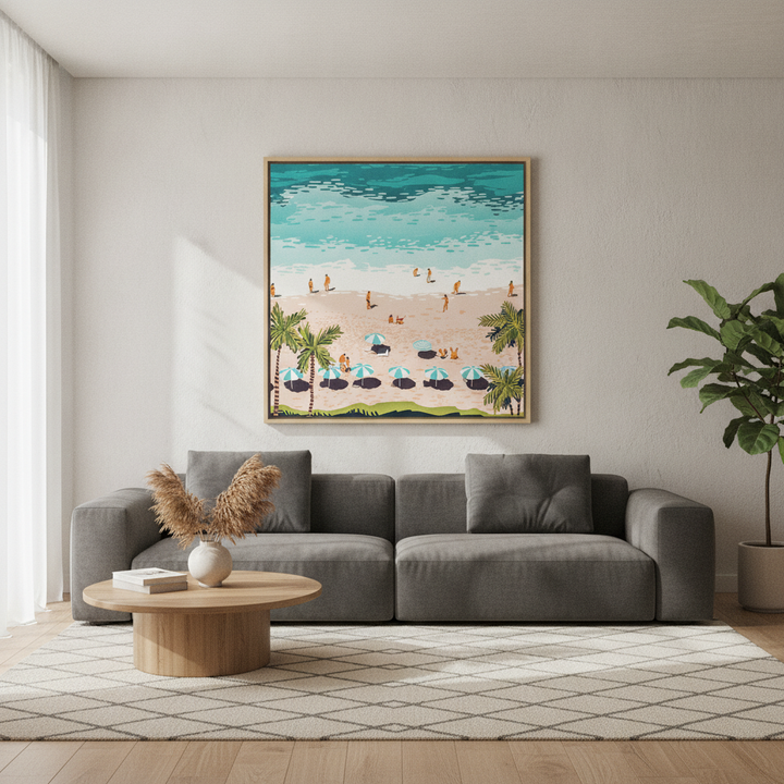 Oversized statement canvas wall art with a natural timber surround styled in a neutral living room