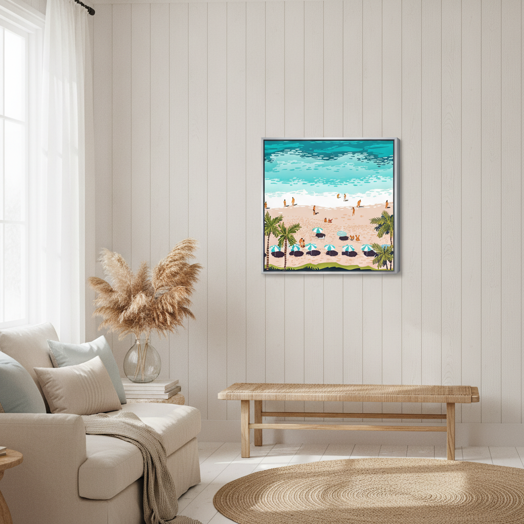 Canvas wall art with a silver leaf surround styled in a sunny coastal beach house