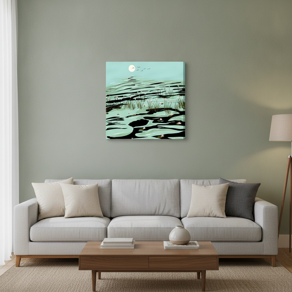 Stretched canvas wall art styled in a neutral living room