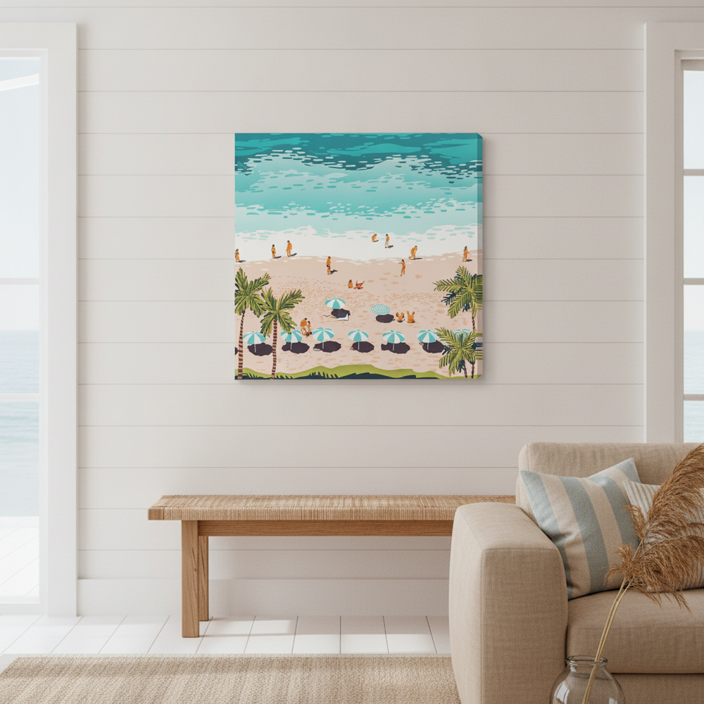 Stretched canvas wall art styled in a sunny coastal beach house