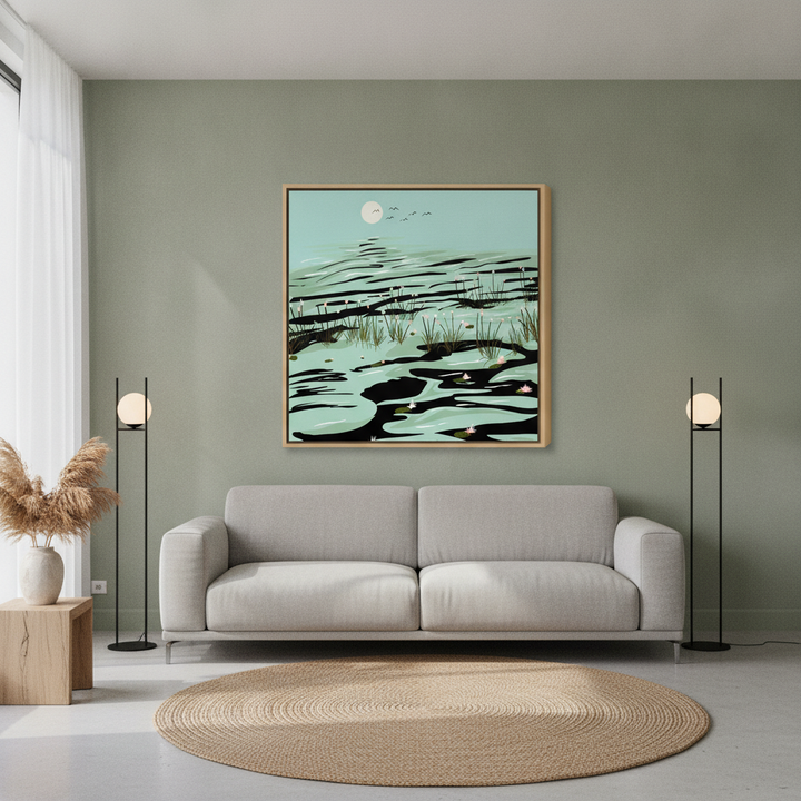 Oversized statement canvas wall art with a natural timber surround styled in a calm, light-filled bedroom