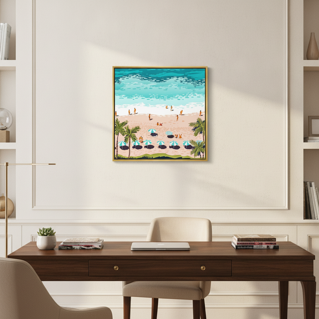 Canvas wall art with a gold leaf surround styled in a bright modern office