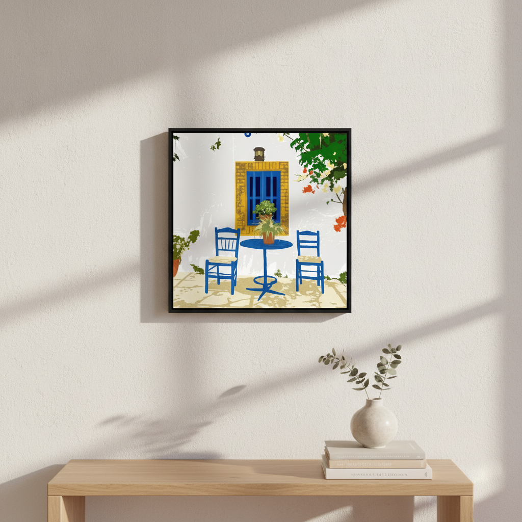 Canvas wall art with a black surround styled in a bright modern kitchen