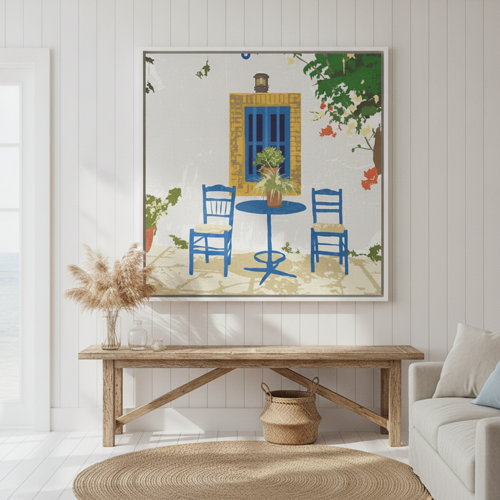 Oversized statement canvas wall art with a white surround styled in a sunny coastal beach house