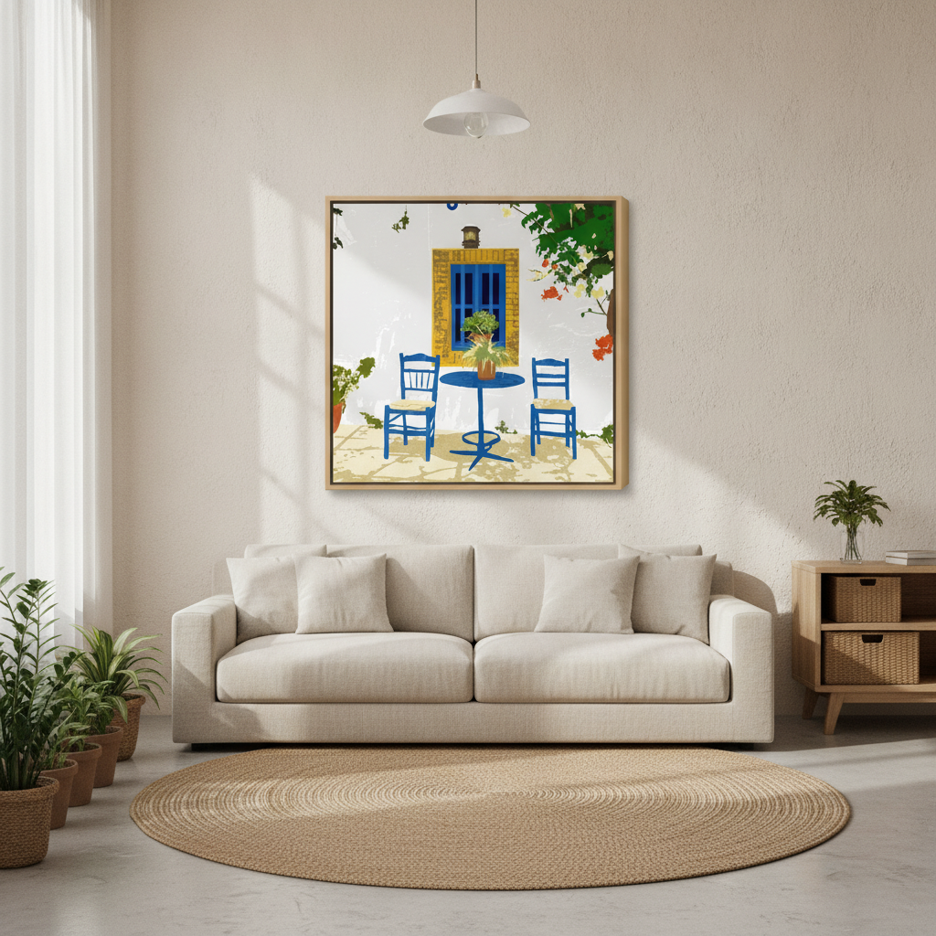 Oversized statement canvas wall art with a natural timber surround styled in a contemporary dining room
