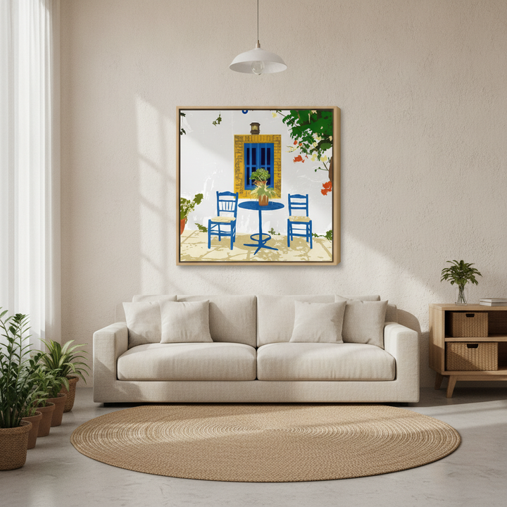 Oversized statement canvas wall art with a natural timber surround styled in a contemporary dining room