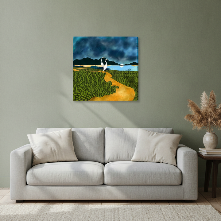 Stretched canvas wall art styled in a neutral living room