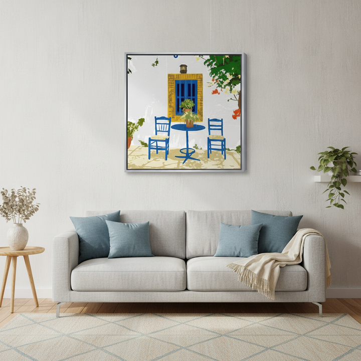 Canvas wall art with a silver leaf surround styled in a neutral living room