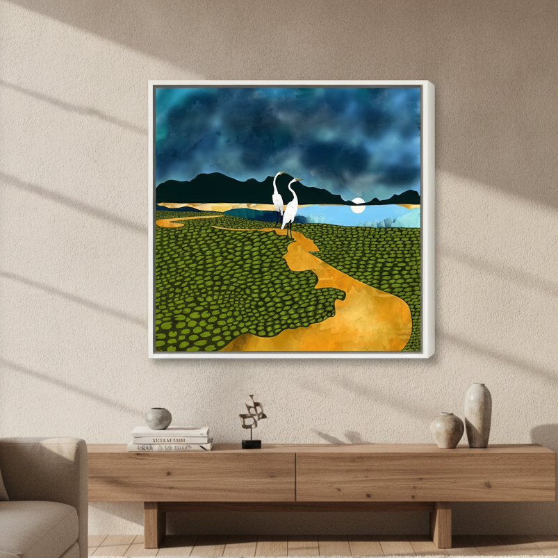 Oversized statement canvas wall art with a white surround styled in a luxe interior