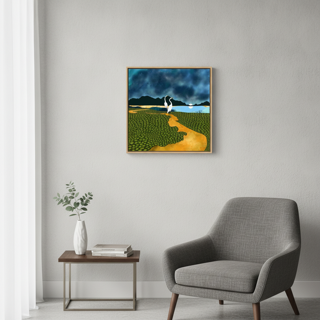 Canvas wall art with a natural timber surround styled in a bright modern office