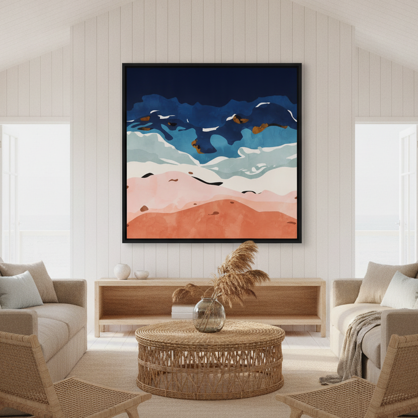 Oversized statement canvas wall art with a black surround styled in a sunny coastal beach house