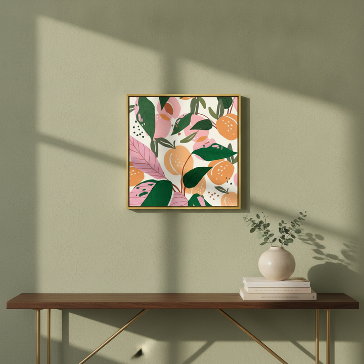 Canvas wall art with a gold leaf surround styled in a bright modern kitchen