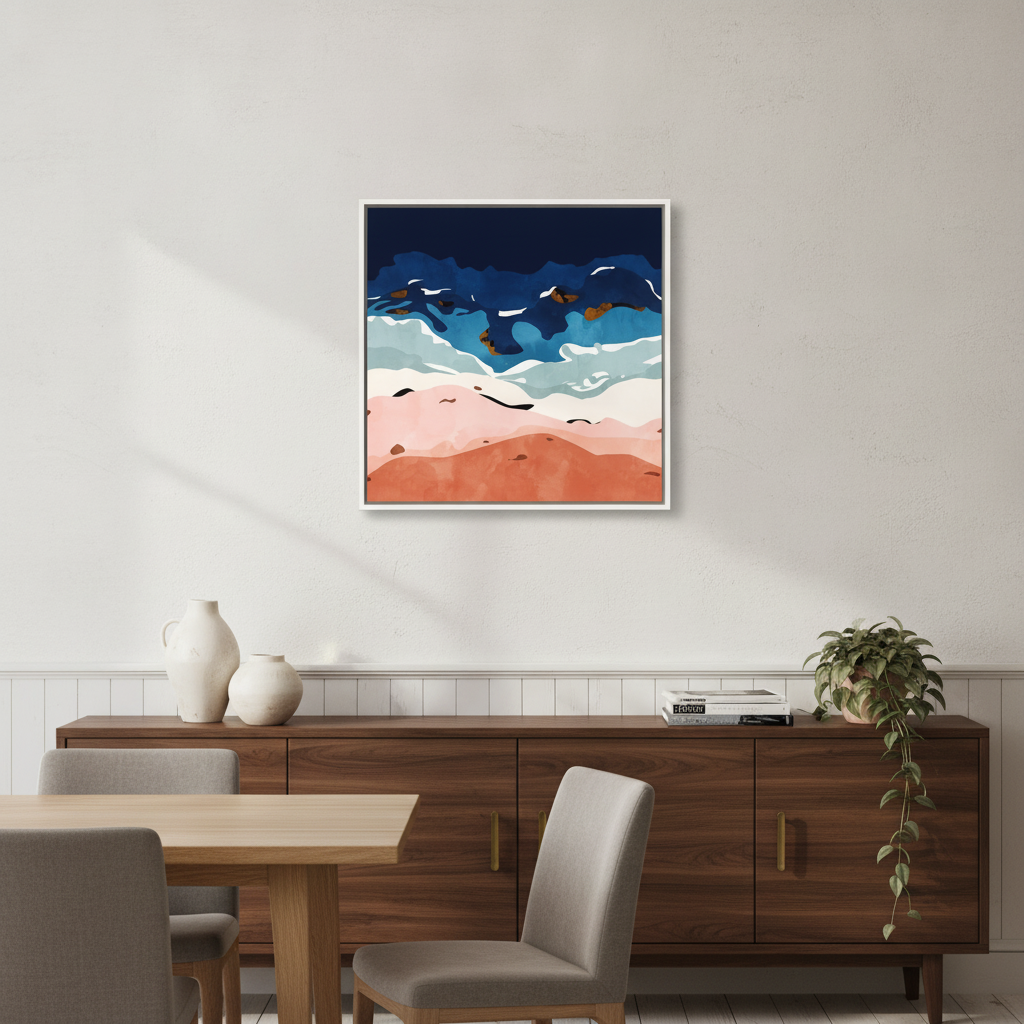 Canvas wall art with a white surround styled in a contemporary dining room
