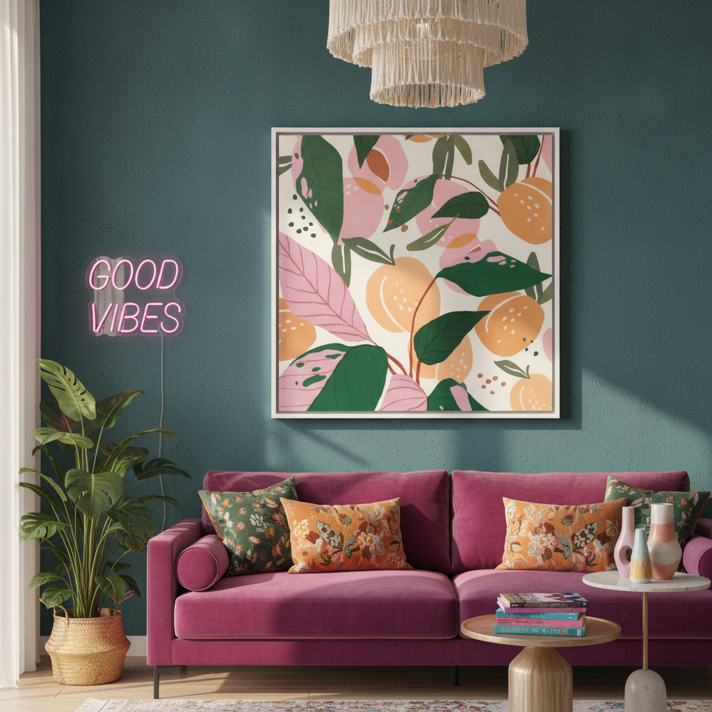 Oversized statement canvas wall art with a white surround styled in a colourful, eclectic modern home