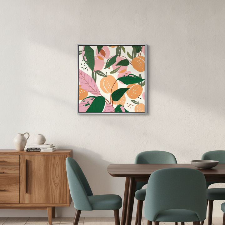 Canvas wall art with a silver leaf surround styled in a contemporary dining room