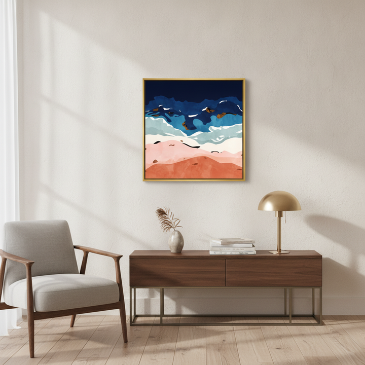 Canvas wall art with a gold leaf surround styled in a bright modern office