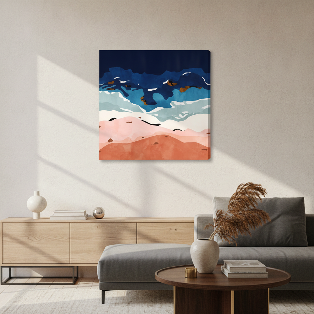 Stretched canvas wall art styled in a neutral living room