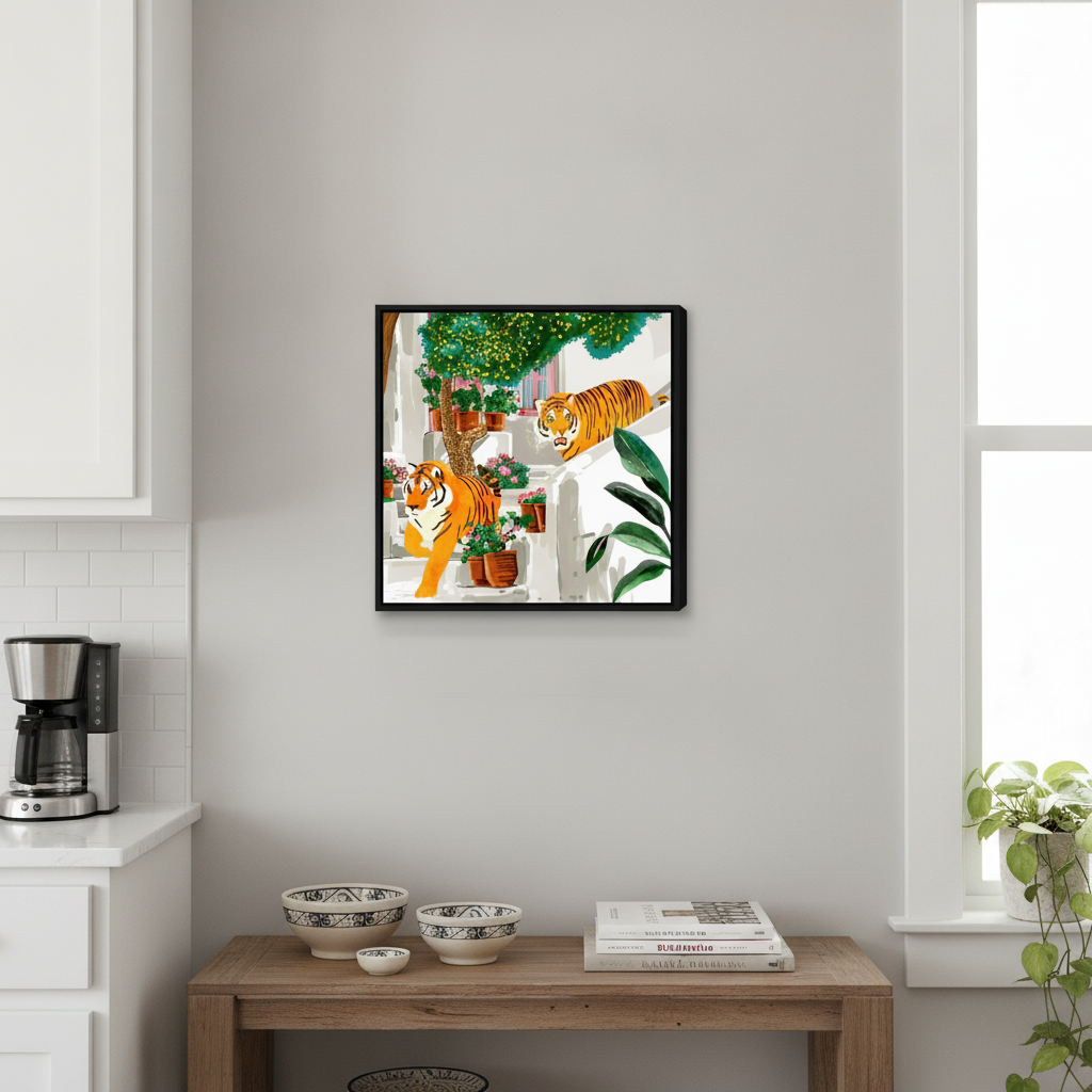 Canvas wall art with a black surround styled in a bright modern kitchen