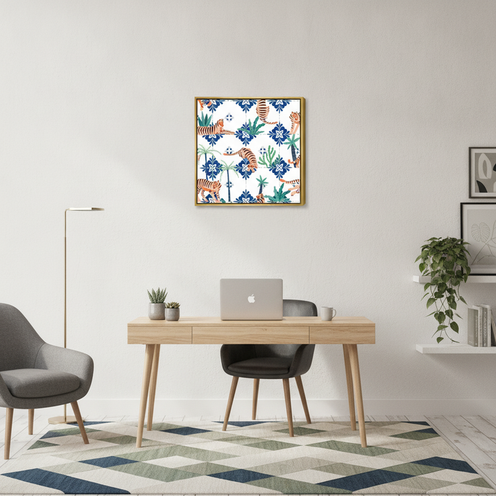 Canvas wall art with a gold leaf surround styled in a bright modern office