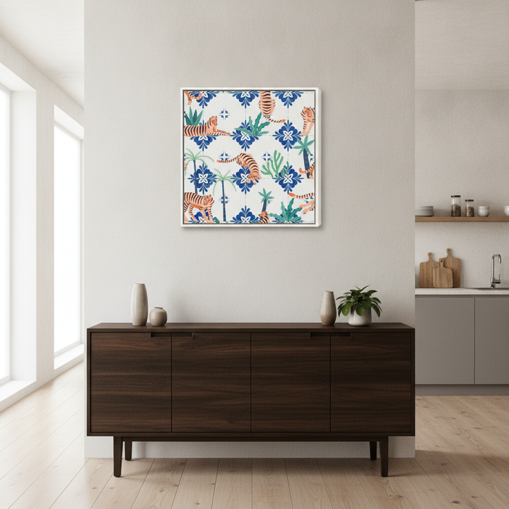 Canvas wall art with a white surround styled in a bright modern kitchen
