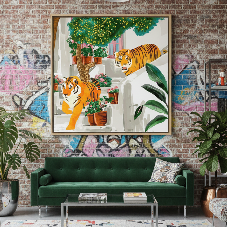Oversized statement canvas wall art with a natural timber surround styled in a colourful, eclectic modern home