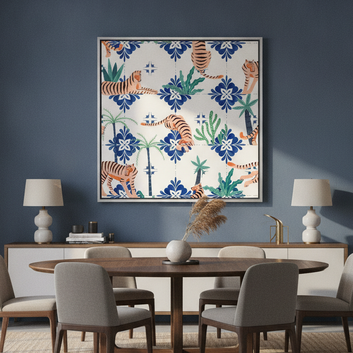 Oversized statement canvas wall art with a silver leaf surround styled in a contemporary dining room