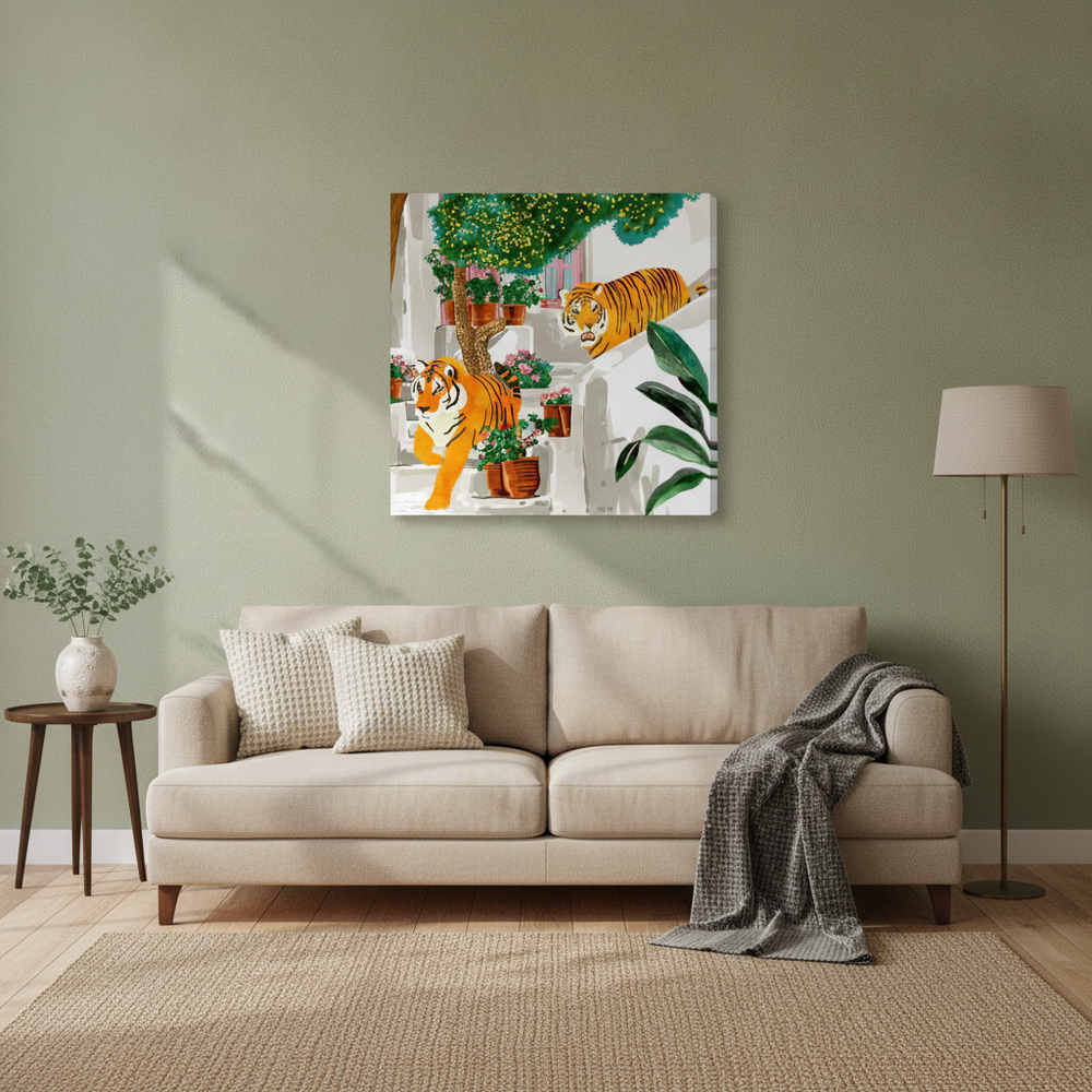 Stretched canvas wall art styled in a neutral living room
