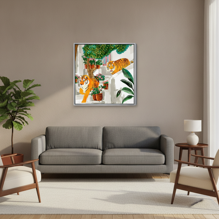 Canvas wall art with a silver leaf surround styled in a bright modern office