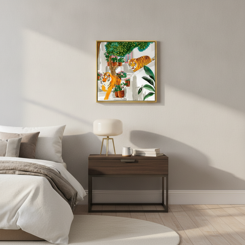 Canvas wall art with a gold leaf surround styled in a calm, light-filled bedroom