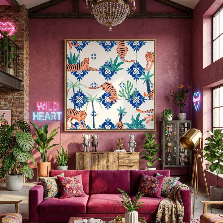 Oversized statement canvas wall art with a natural timber surround styled in a colourful, eclectic modern home