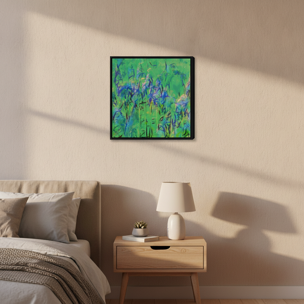 Canvas wall art with a black surround styled in a calm, light-filled bedroom
