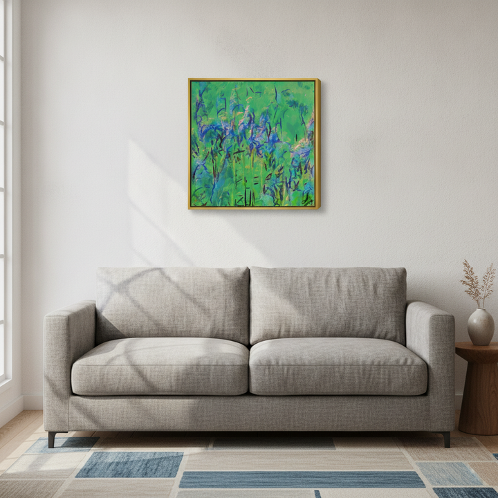 Canvas wall art with a gold leaf surround styled in a neutral living room