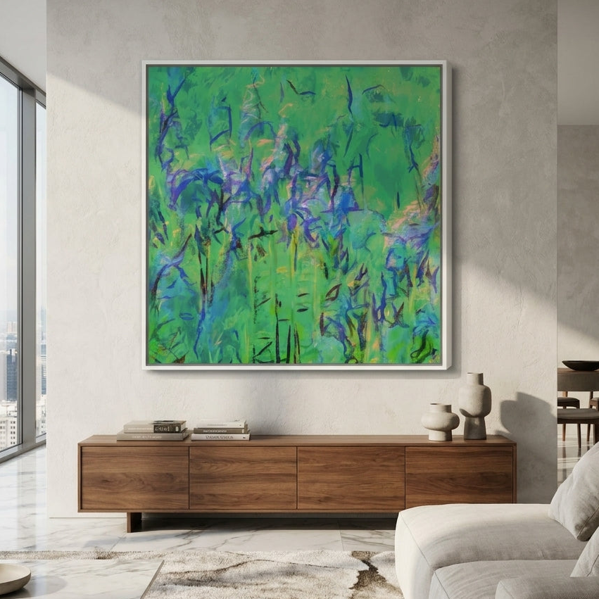 Oversized statement canvas wall art with a white surround styled in a luxe interior