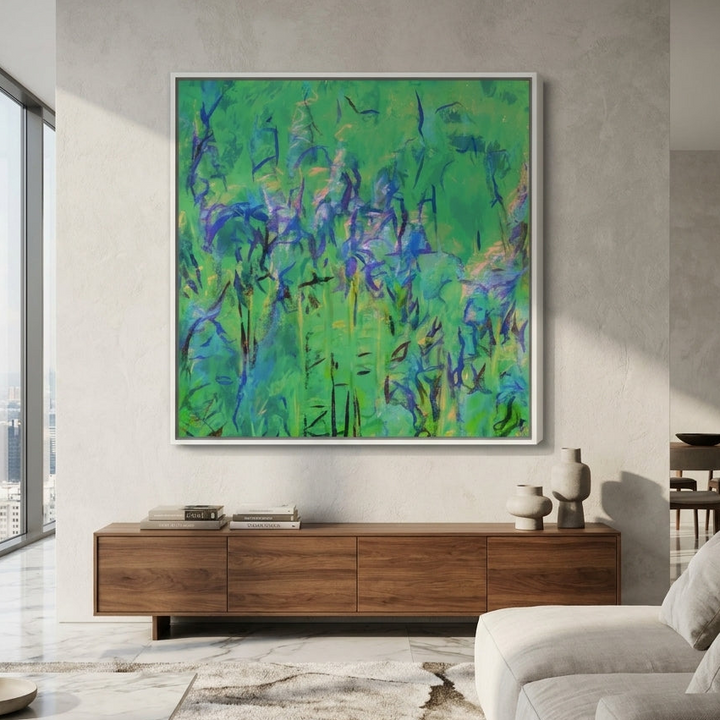 Oversized statement canvas wall art with a white surround styled in a luxe interior