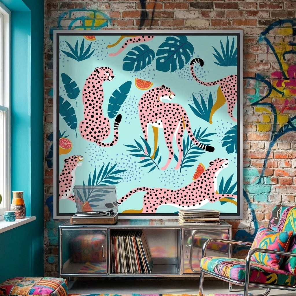 Canvas wall art with a silver leaf surround styled in a colourful, eclectic modern home