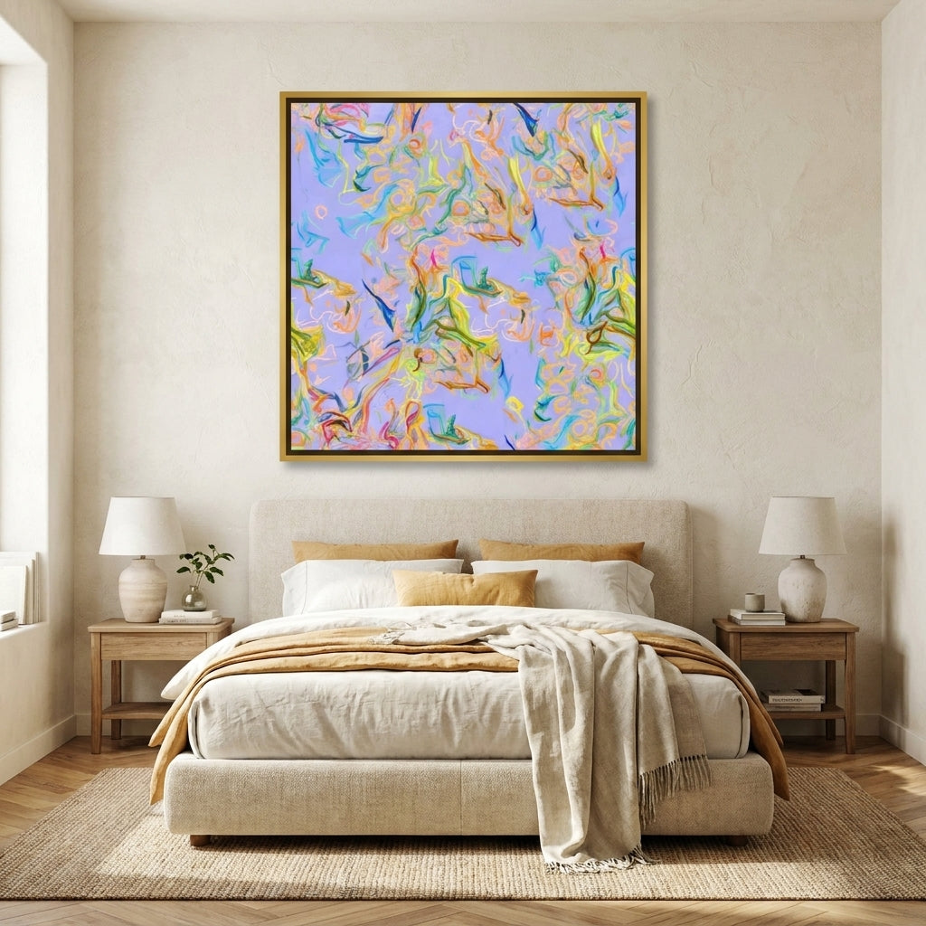 Canvas wall art with a gold leaf surround styled in a calm, light-filled bedroom