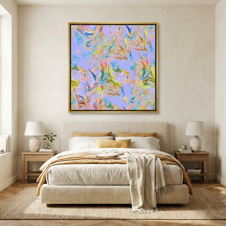 Canvas wall art with a gold leaf surround styled in a calm, light-filled bedroom