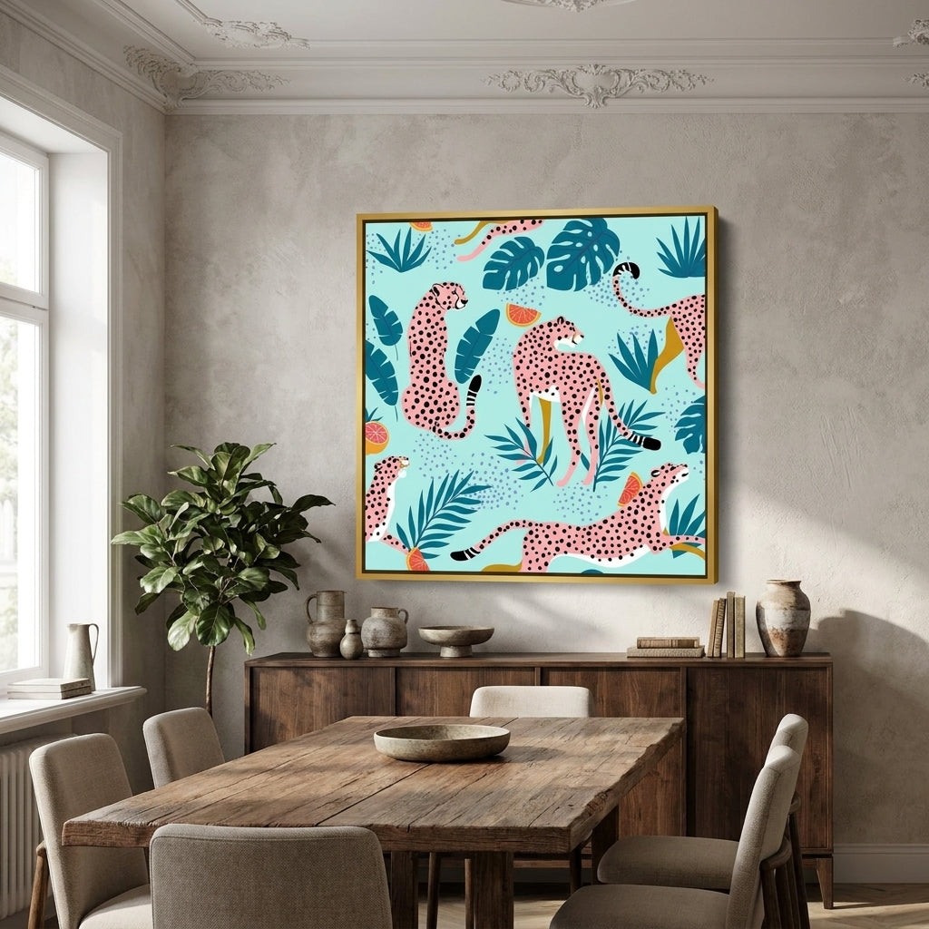 Oversized statement canvas wall art with a gold leaf surround styled in a contemporary dining room