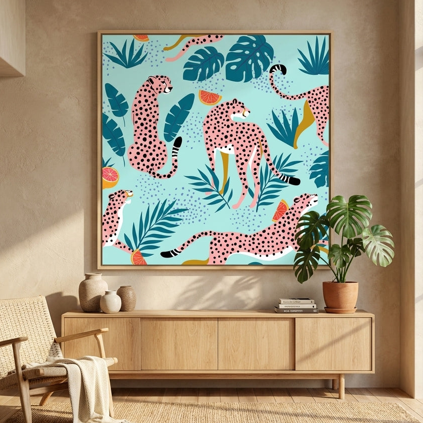 Oversized statement canvas wall art with a natural timber surround styled in a neutral living room