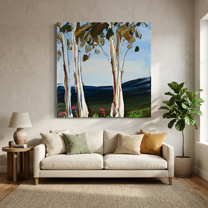 Stretched canvas wall art styled in a neutral living room