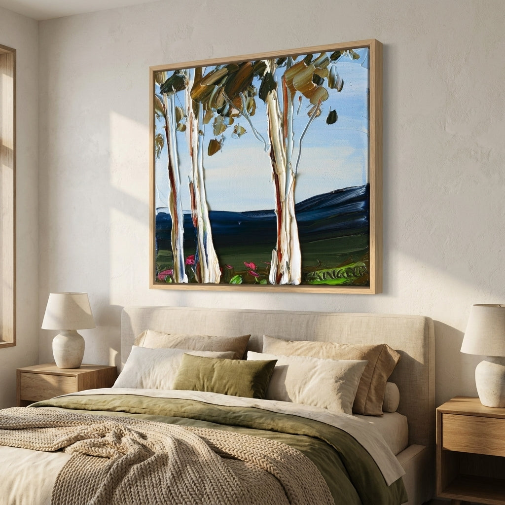 Canvas wall art with a natural timber surround styled in a calm, light-filled bedroom