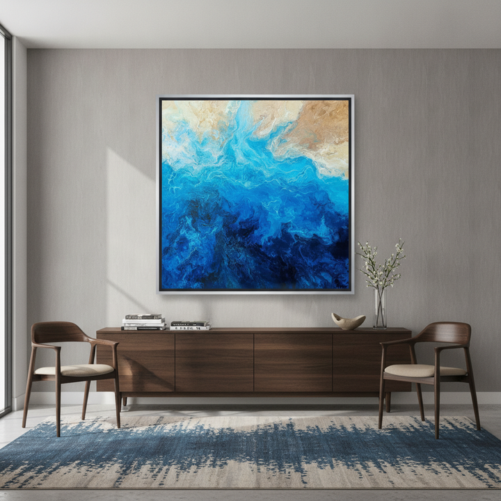 Oversized statement canvas wall art with a silver leaf surround styled in a luxe interior