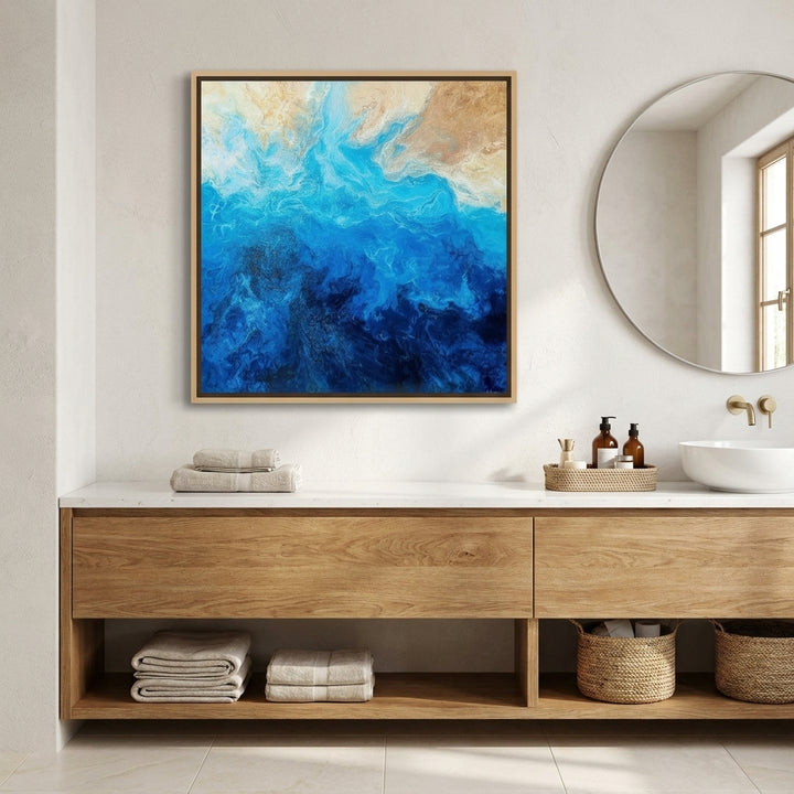Canvas wall art with a natural timber surround styled in a clean minimalist bathroom