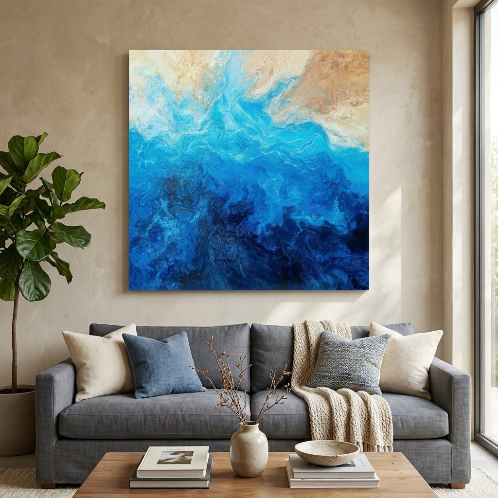 Stretched canvas wall art styled in a neutral living room